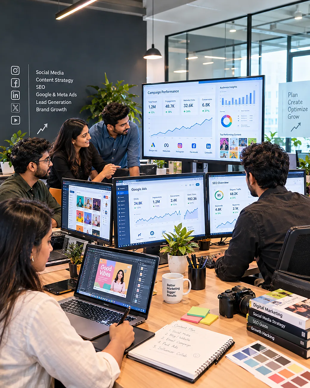Adzone team reviewing campaign performance and lead dashboards