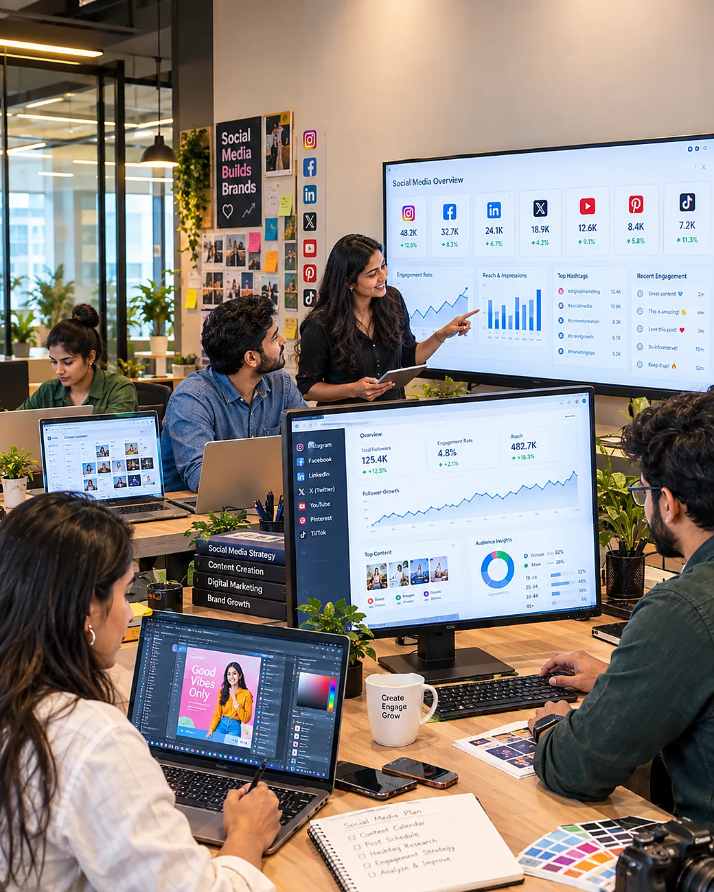 Adzone team planning social media content and engagement